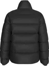 Campera acolchada ajustada negra con cuello alto, cierre frontal y bolsillos laterales con cremallera, de Calvin Klein.