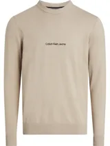 Sweater de punto beige de la colección Calvin Klein Jeans, con cuello redondo y logo bordado.