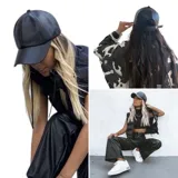 Gorra de béisbol negra de ecocuero con visera curva y correa ajustable en la parte posterior.