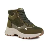 Bota casual de caña alta color beige con detalles en marrón y dorado. Tiene cordones, plataforma y suela track.