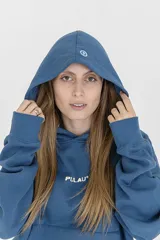 Buzo azul con capucha y cordones ajustables, puños y cintura acanalados, y logo de la marca bordado en el pecho.