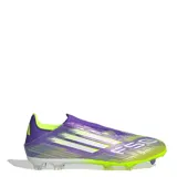 Championes de fútbol Adidas F50 League FG, diseño unisex en color púrpura, blanco y amarillo limón.