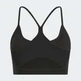 Sostén deportivo negro con tirantes finos que forman un patrón triangular en la espalda y logo de Reebok en el frente.