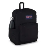 Mochila negra JanSport Superbreak Plus con compartimento interno para laptop y bolsillo lateral para botella.