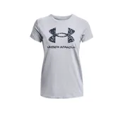Remera gris de mujer marca Under Armour, de corte clásico y manga corta. Presenta el logo de la marca estampado en el pecho con diseño camuflado en tonos azules y negros.