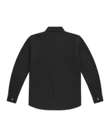Camisa de denim negro con cierre frontal de alpaca, cuello en cuero vacuno, cortes curvos y simétricos, bolsillos delanteros y bordado del logo Temblad.