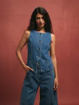 Chaleco de jean azul con botones y bolsillos frontales.