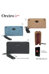 Billetera azul con cierre de cremallera y dije de labios negros.