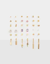 Set de 18 pares de aros dorados con strass, perlas, flor, hoja, triangulo y aros largos.