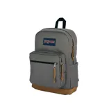 Mochila Jansport Right Pack color gris con base de cuero marrón.