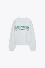 Sudadera gris melange de algodón con cuello redondo, manga larga y texto bordado en verde y azul con la inscripción "Palm Springs USA Riverside County, CA Established 1925".