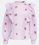 Blusa de algodón a rayas verticales blancas y lilas, con bordado de rosas rosadas. Tiene cuello redondo con volados, mangas largas y volados en los hombros.