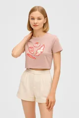 Remera cropped color rosa con estampado de conchas marinas en color rojo, corte holgado y cuello redondo.