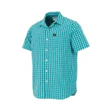 Camisa de hombre a cuadros azules, negros y blancos, de manga corta y corte clásico.