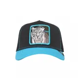 Gorra Goorin Bros negra con visera celeste y parche frontal con la imagen de un tigre blanco.