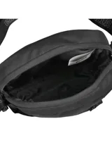 Bolso bandolera unisex CAT Explorer, color negro, con logo reflectante y detalles de cordones. Cuenta con compartimento principal con bolsillo interior, bolsillo delantero con cordón para llavero y correa ajustable para el hombro.