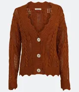 Cardigan color ladrillo en tejido de punto calado con trenzas y detalles texturizados. Tiene escote en V, cierre frontal con botones de coco y terminaciones onduladas.