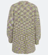 Saco alargado de punto con abertura frontal, tejido con hilo metálico y diseño multicolor en tonos verde y lila.
