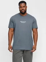Remera azul grisáceo de manga corta con cuello redondo y corte relajado. Diseño con estampa frontal con texto en color blanco.
