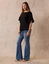 Blusa negra de algodón texturado, marca Ruby Rd, con manga corta amplia y cuello redondo.