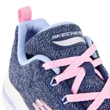 Zapatilla deportiva Skechers Arch Fit - Comfy Wave, color azul con detalles en rosa y celeste. Capellada de malla knit, cordones elásticos y plantilla Arch Fit con soporte en el arco plantar certificado por podólogos.