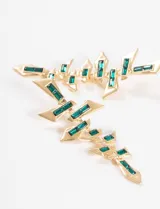 Caravanas doradas con diseño geométrico y piedras en tonos verdes, de 7 cm de largo.