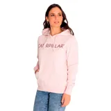Buzo con capucha color salmón, con logo de Caterpillar estampado en blanco en el pecho y bolsillo tipo canguro.