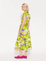 Vestido camisero midi color verde lima con estampado de cisnes, flores y elementos abstractos. Tiene cuello camisero, mangas cortas, cierre frontal con botones y lazo en la cintura. La falda es amplia con volantes en el ruedo.