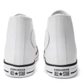 Championes Converse Chuck Taylor All Star HI de cuero blanco con detalles en negro en la suela y ojales metálicos plateados. Zapatillas de caña alta con cordones blancos.