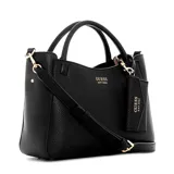 Cartera tote Guess modelo Brenton, color negro con textura granulada. Tiene doble asa corta, correa larga ajustable y extraíble, y llavero colgante con logo de la marca.
