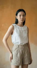 Blusa sin mangas de lino color blanco, con cuello redondo adornado con un volado plisado que cae sobre los hombros.