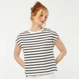 Remera de manga corta a rayas horizontales blancas y negras, con espalda abierta y lazos para atar.