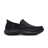Zapato casual Skechers Slip-Ins Relaxed Fit: Parson - Oswin, color negro, con puntera tipo mocasín, capellada de cuero, plantilla Air-Cooled Memory Foam y amortiguación Goga Mat Arch.