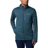 Campera polar Columbia Park View Fleece, color azul jaspeado, con cierre frontal completo, cuello alto, bolsillos laterales con cierre y bolsillo en el pecho con cierre vertical en color verde lima. Cuenta con tecnología Omni-Wick, puños elásticos con orificios para pulgares y protector de barbilla.