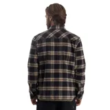 Campera tipo sobrecamisa a cuadros color negro y beige, con cuello clásico, cierre frontal con botones, dos bolsillos en el pecho con solapa abotonada y puños abotonados.
