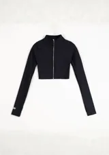 Top negro de tejido Morley, corte crop con cierre frontal plateado y cuello alto. Presenta mangas largas con agujero para el pulgar y un pequeño bordado blanco en el puño.