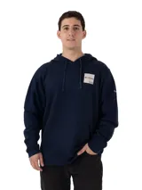 Buzo con capucha Columbia modelo Beaumount Hoodie, color azul marino, con bolsillo canguro frontal y etiqueta cuadrada con el logo de Columbia en el pecho.