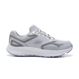 Championes deportivos Skechers Go Run Consistent 2.0 Advantage, color gris con detalles en lila. Confeccionados con materiales reciclados, capellada de malla deportiva, amortiguación Ultra Light, tecnología M-Strike y plantilla Air-Cooled Goga Mat.