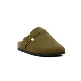 Zueco casual color verde oliva, con hebilla ajustable y suela baja con plataforma de corcho.