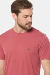 Remera celeste de manga corta con cuello redondo y bordado pequeño en el pecho. Corte clásico.