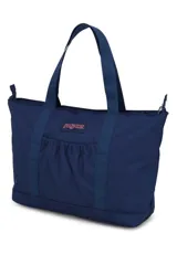 Bolso tipo tote de tela color azul marino con cierre superior y bolsillo frontal con fuelle. Tiene doble asa de mano y logo de la marca en el frente.