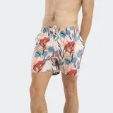 Short de baño con estampado tropical multicolor, cintura elastizada y cordón ajustable.