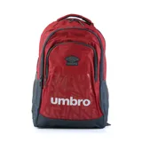 Mochila deportiva Umbro de color rojo y gris oscuro, con múltiples compartimentos y asas acolchadas. Presenta el logo Umbro en la parte superior y un estampado grande con la marca en la parte inferior delantera.