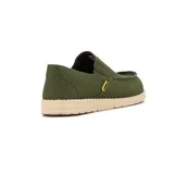 Zapato casual de hombre color verde militar, estilo mocasín, con elásticos laterales y suela beige.