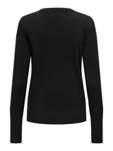 Sweater negro de tejido de punto con cuello redondo y mangas largas terminadas en puños con botones dorados.