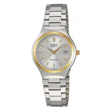 Reloj Casio para mujer, modelo LTP1170G-7ARDF, con caja y pulsera de acero inoxidable plateado y detalles dorados.