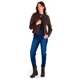 Chaqueta marrón de corte entallado, con cuello mao y cierre frontal con cremallera. Cuenta con bolsillos laterales con cremallera, puños con cremallera y etiqueta de cuero sintético con el logo de Caterpillar en el pecho.