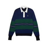 Buzo de rugby de algodón en colores azul marino, verde y negro, con cuello de polo clásico y rayas contrastantes.