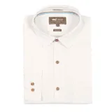 Camisa amarilla de algodón orgánico, manga larga con botones de madera, cuello italiano, calce regular, bolsillo de pecho con logo bordado.