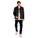 Chaqueta negra de corte clásico, con cremallera frontal y bolsillo en el pecho, forrada con estampado del logo de Caterpillar.